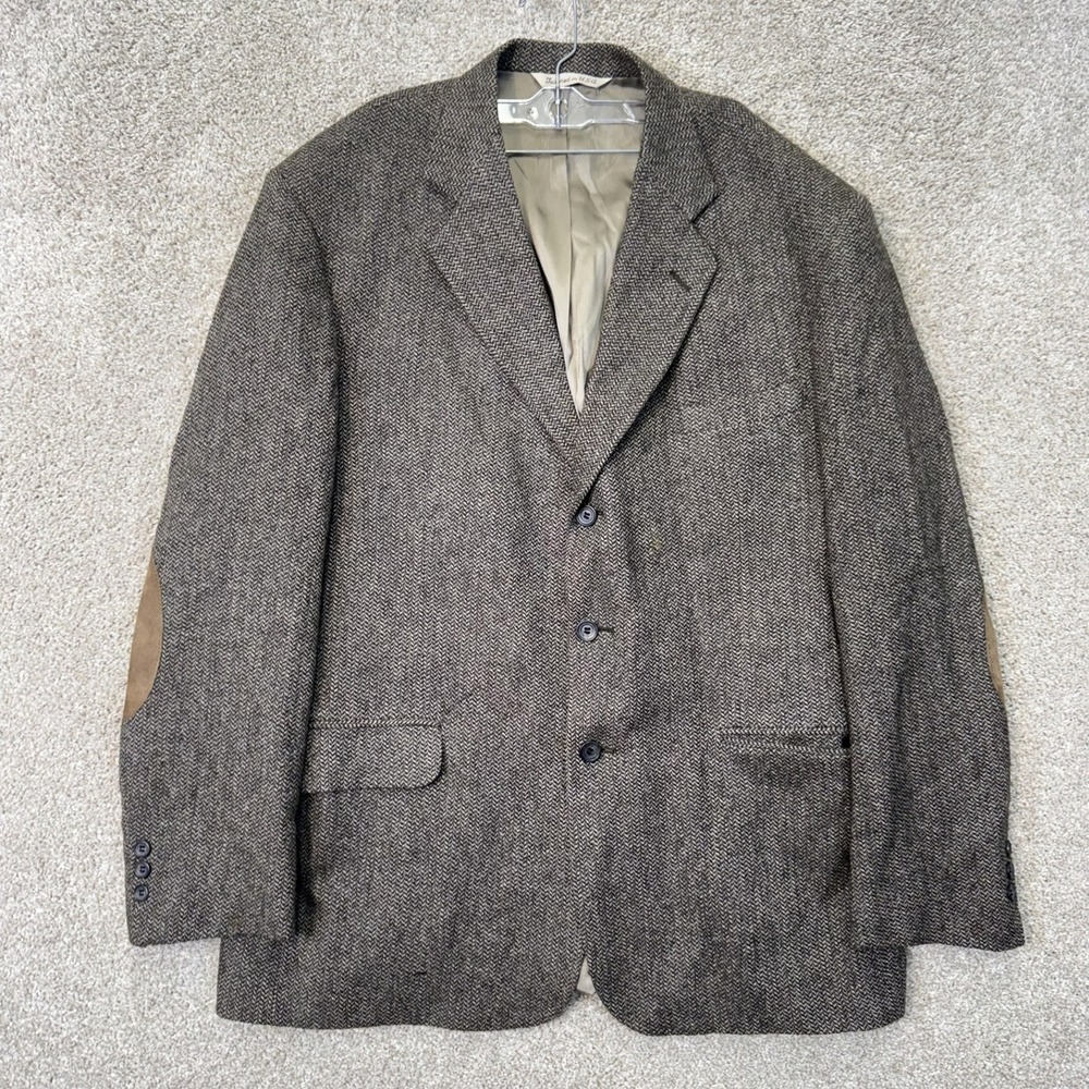 Stafford Wool Sport Coat Mens 48L Herringbone Brown Elbow Patches EUC
